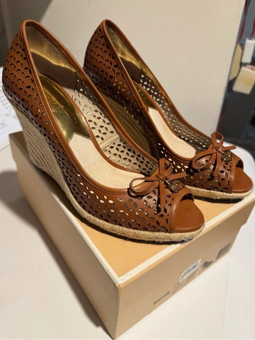 Michael Kors Cognac Perforated Leather Espadrille Wedge Peep-Toe